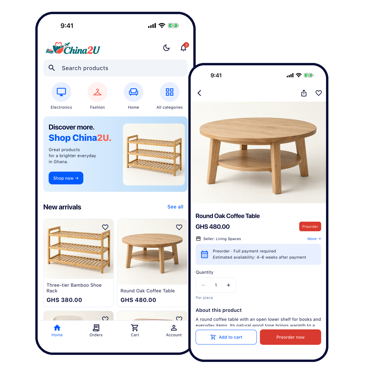China2U app: the home screen and a product page